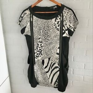 Love Moschino Mini dress Mobwife Animal print Black/Off-White Silk Pockets XXL